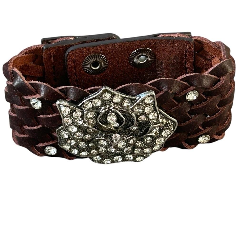 Brown Leather Snap Bracelet‎ w/ Rhinestone Flower